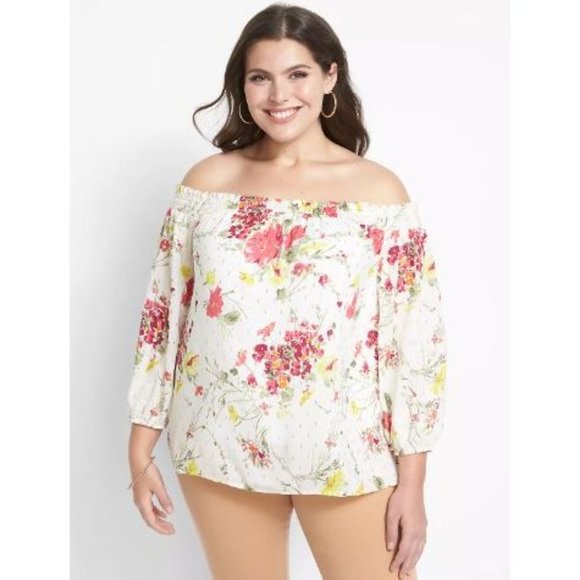 Lane Bryant | Womens 22/24 Off Shoulder White Floral Print 3/4 Sleeve Metallic - Picture 13 of 13